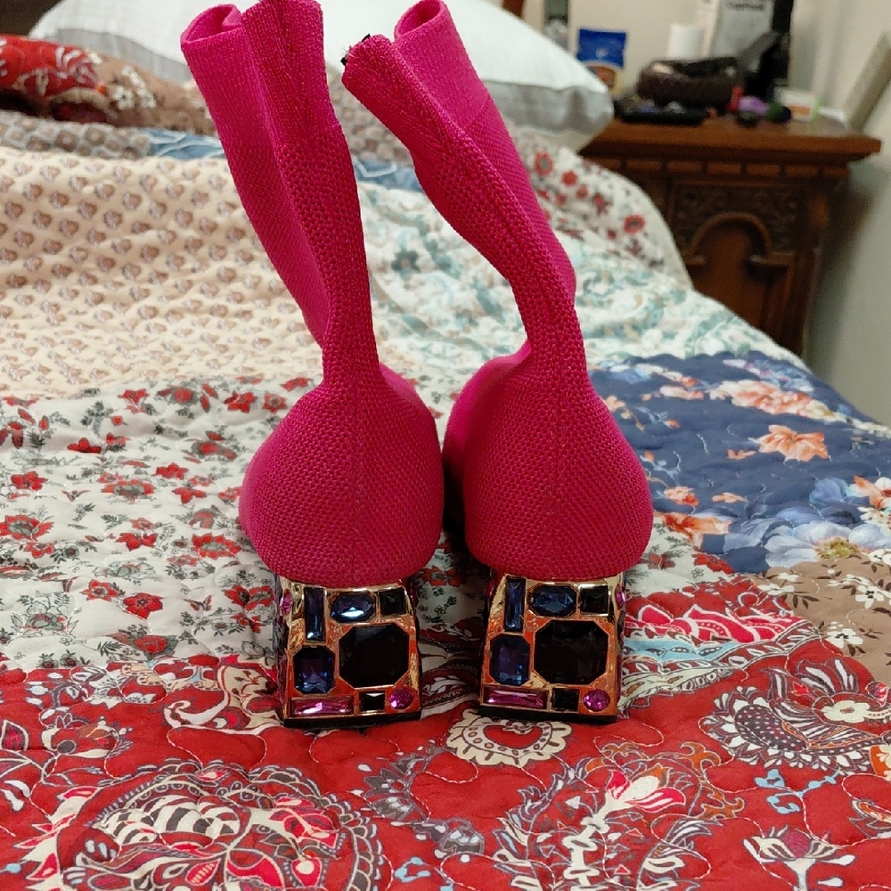 Hot Pink Jeweled Block-Heel Sock Booties